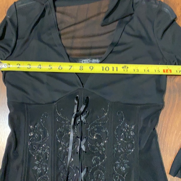 CDC Black Tuxedo Mesh SHEER LONG SLEEVE BLOUSE SEQUIN Corset Top blouse Small - Picture 9 of 10